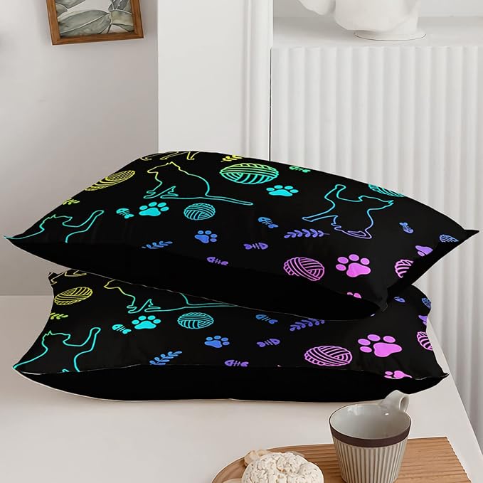 Black Cat Bedding Cartoon Cat Comforter Set Queen,Neon Cat Paw Ball of Yarn Printed Kids Bedding for Cat Lover Boys Girls Adults Room Decor,Kids Comforter,1 Quilt 2 Pillow Cases,Neon Color Purple Blue
