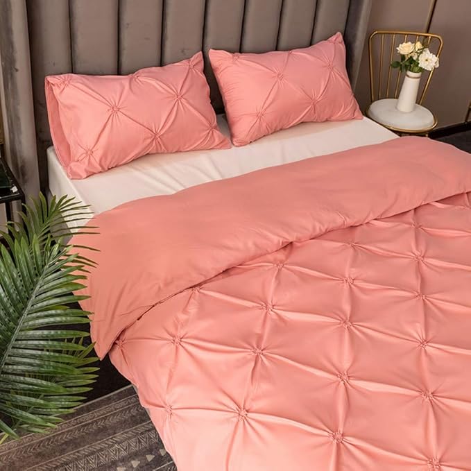 Feelyou Pinch Pleated Bedding Set Pintuck Comforter Cover Twin with Zipper Closure Luxurious Pintuck Tufted Duvet Cover for Kids Girls Solid Pink Microfiber Bedspread Cover with 1 Pillow Shams Cute