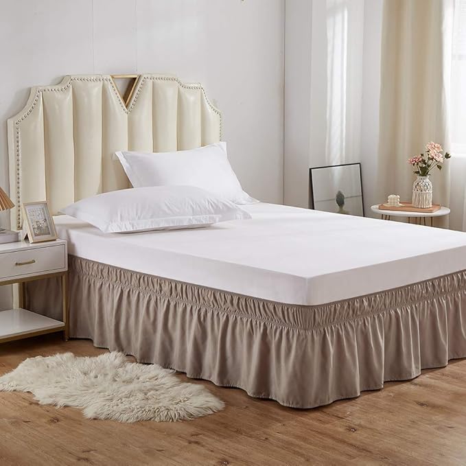 MEILA Wrap Around Bed Skirt Three Fabric Sides Elastic Dust Ruffled 14 Inch Tailored Drop,Easy to Install Fade Resistant-Taupe, Queen/King