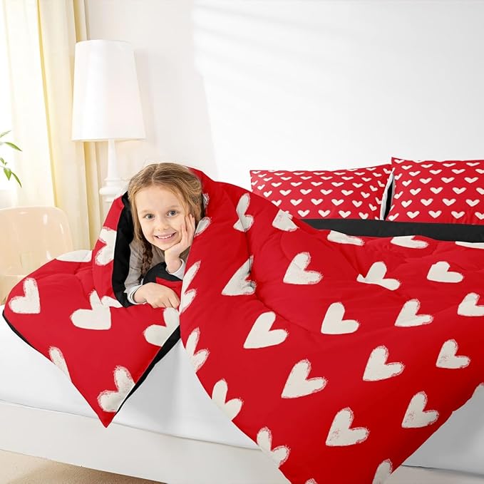 Red White Comforter Set King Size Cute Heart Pattern Bedding For Kids Boys Girls Valentine Day Gift Quilt Cartoon Love Geometric Duvet Insert Love Heart Soft Warm Bedding Sets Bedroom Decor 3Pcs