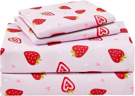 Pink Strawberry Printed Kids Sheet Set Twin Size, 3 Pcs Breathable & Silky Soft Microfiber Kids Fitted Sheet, Bed Sheets with 15" Deep Pocket for Boys and Girls