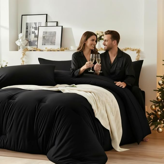 Oversized King Comforter Set 7 Pieces - Ultra-Soft Bed in a Bag, Cozy Luxury All Season Bedding Sets with Comforter, Flat Sheet, Fitted Sheet, 2 Pillow Shams & 2 Pillowcases, Black