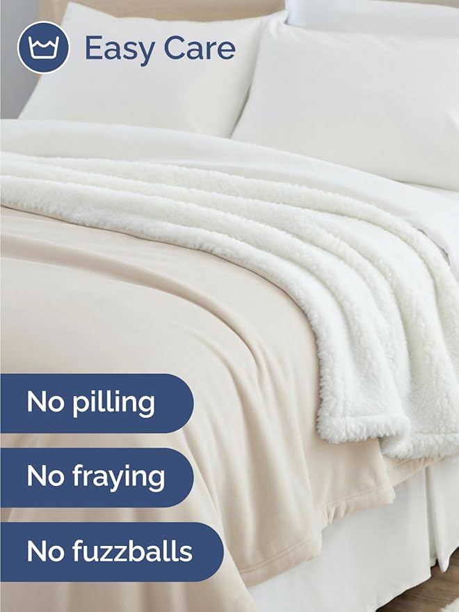 Sherpa Fleece Blanket Queen Size - Reversible Sherpa Fleece Queen Blanket - Super Soft Double Sided for Bed, Sofa, Couch - Thick, Warm, Fuzzy & Plush - Luxurious Bedding for Winter - Ivory, 90" x 90"