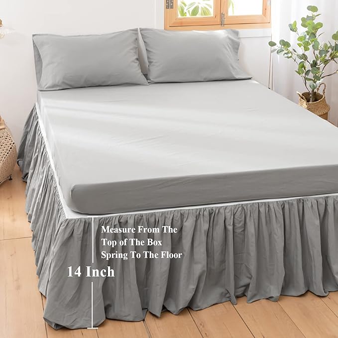 BISELINA French Linen Bed Skirt with Pleated Frills 14-Inch Tailored Drop Natural Flax Cotton Blend Dust Ruffle Soft Cozy Farmhouse Bedding (14" King, Grey)