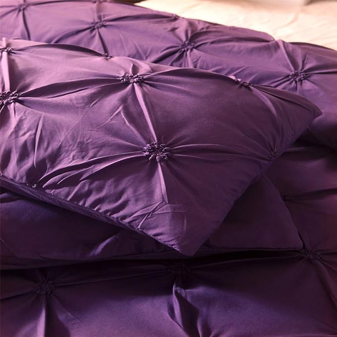 Feelyou Twin Duvet Cover Set Pinch Pleat Luxurious Pintuck Tufted Bedding Set Decorative Soft Purple Brushed Microfiber Polyester Comforter Cover with Pillowcases Solid Geometric, 2Pcs