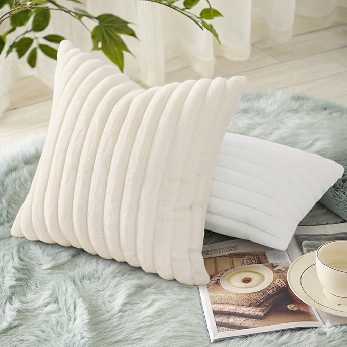 decorUhome Cozy Faux Fur Spring Throw Pillow Covers 20x20 Set of 2 Decorative Soft Plush Striped Modern Farmhouse Boho Couch Pillow Cases with Velvet Back for Sofa Bed Living Room, Cream White