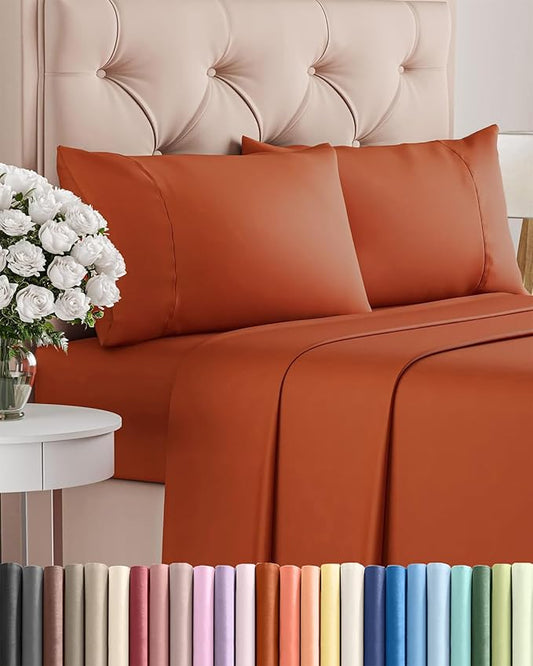 Twin 4 Piece Sheet Set - Comfy Breathable & Cooling - Ultra-Soft Hotel Luxury Bedding Set with 8-16 Inch Deep Pockets - 1 Flat & 1 Fitted Sheet & 2 Pillowcases - Wrinkle Free & Easy Care - Terracotta