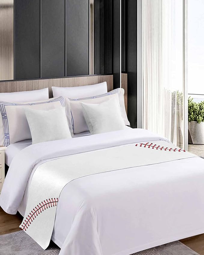 Baseball Sports Texture Bed Runners for Bedroom Hotel,Decorative Bedding Scarf White Red Lines Bed End Blanket Bedding Runner Scarves for Queen Size Bed,94x20in