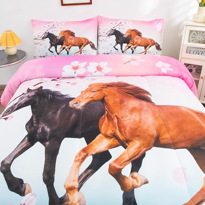 Feelyou Girls Horse Bedding Set Twin Size Galloping Horses Comforter Set for Kids Teens Cherry Blossom Comforter 3D Wild Animal Duvet Set Farmhouse Bedroom Decor Quilt Set 2Pcs