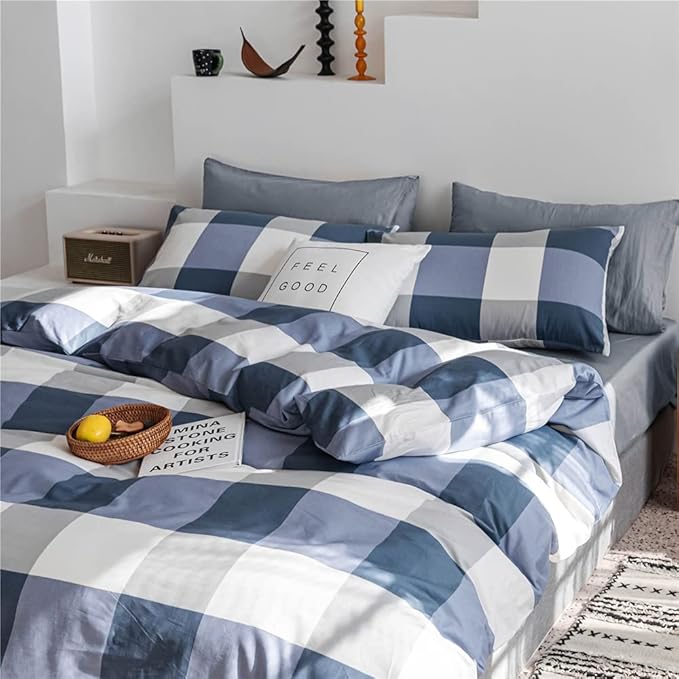 Queen Comforter Set Modern Style Checkered Pattern Comforter Boho Farmhouse Blue White Grey Geometric Plaid Comforter with 2 Pillowcases Soft Fluffy 3 Pieces Lightweight Bedding Set for All Season