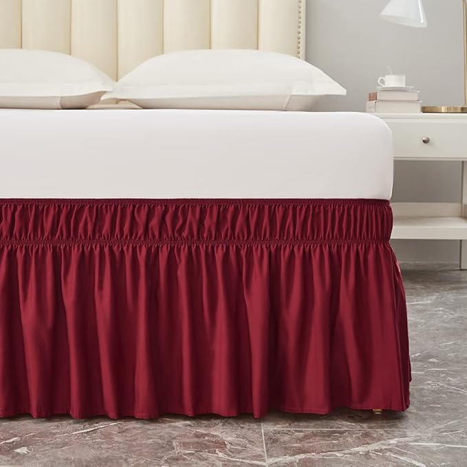 MEILA Wrap Around Bed Skirt Three Fabric Sides Elastic Dust Ruffled 14 Inch Tailored Drop,Easy to Install Fade Resistant-Burgundy, Queen/King