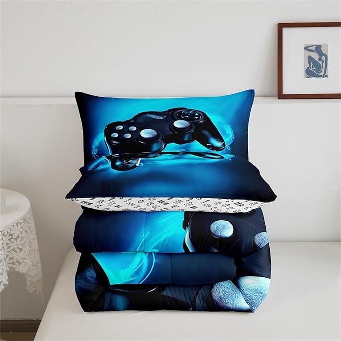 Feelyou Gaming Bedding Set for Boys Gamer Comforter Set for Teens Kids Gamer Room Decor Blue Video Games Comforter Duvet Set King Size Gamepad Quilted All Season 1 Comforter with 2 Pillow Cases