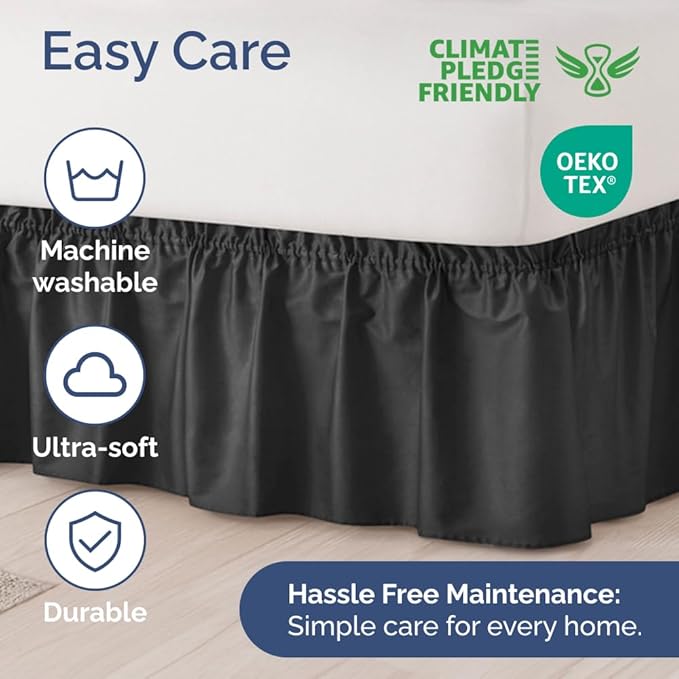 Wrap Around Dust Ruffle Bed Skirt - Black - Twin/Twin XL Size Beds with 24 Inch Drop - Easy Fit Elastic Strap - Adjustable Pleated Bedskirt w/Brushed Fabric - Wrinkle Free - Women, Men, Kids & Teens