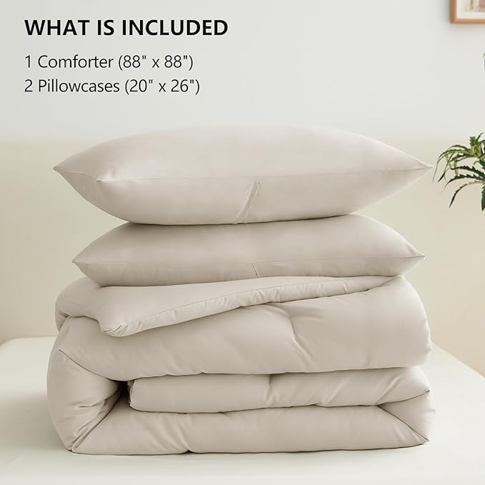 CozyLux Oatmeal Queen Comforter Set, 3 Pieces Solid Breathable Quilted Style Bedding Sets, Luxury Soft Fluffy Bed Set with Down Alternative Comforter for All Season (1 Comforter & 2 Pillowcases)
