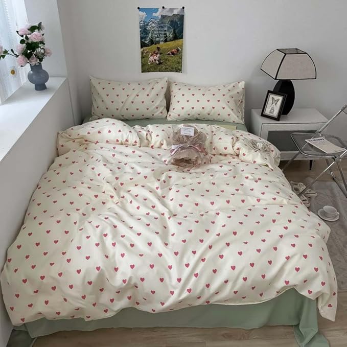 Nayoroom Heart Duvet Cover Full Size Kawaii Pink Heart Printed on Cream White Bedding Set 3Pcs Kids Girls Cute Heart-Shaped Pattern Comforter Cover with Zipper Closure Soft Breathable Microfiber