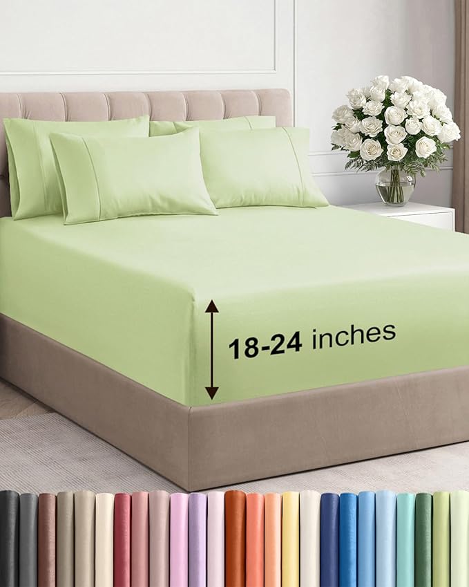 Extra Deep Queen Sheet Set - 6 Piece Breathable and Cooling Sheets - Hotel Luxury Bedding for Women, Men, Kids & Teens - Easy Secure Fit - Soft, Wrinkle Free & Comfy - Extra Deep Pockets - Light Sage