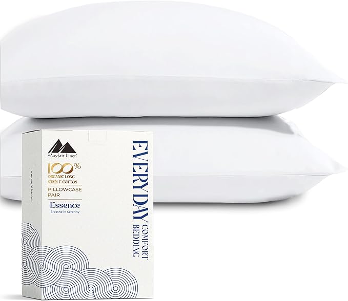 Mayfair Linen 100% Organic Cotton Pillow Cases King Size Set of 4 - Soft & Crisp Organic Cotton Pillowcases King Size (2 Pair, White), Natural Cooling, Breathable & Durable Percale Weave Pillowcases