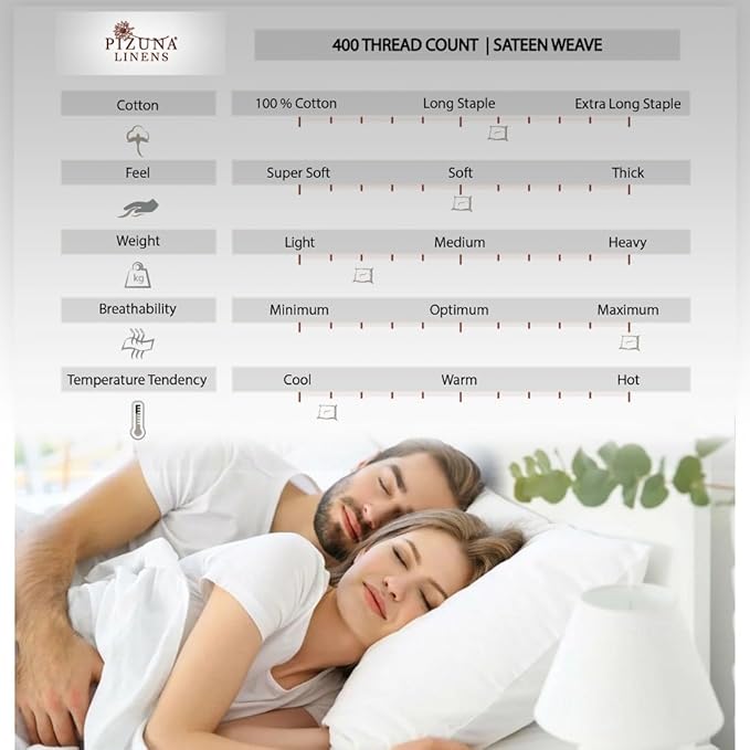 Pizuna Pure 100% Cotton Sheets Twin XL Size, Luxurious 400 Thread Count Long Staple Cotton Sateen Sheets with 15inch Deep Pocket (Combed Silver Sheet Twin XL)