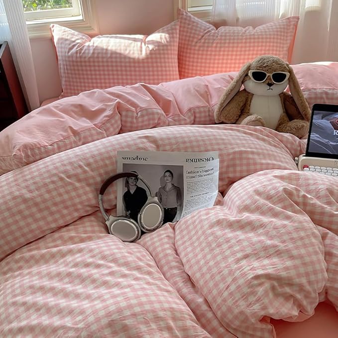 Nayoroom Gingham Duvet Cover King Size Reversible Pink Plaid Checkered Duvet Cover 3 Pieces Soft Breathable Washed Microfiber Girls Dorm Bedding Set for All Seasons