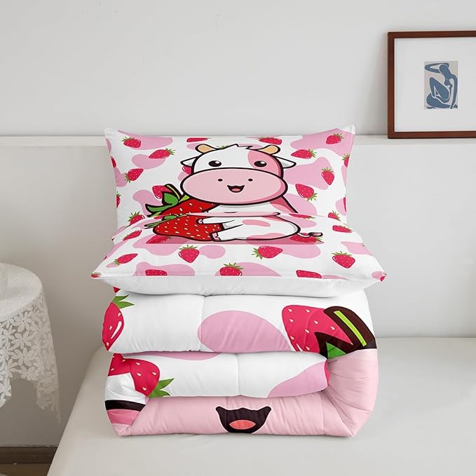 Feelyou Milk Cow Comforter Pink White Cow Strawberry Pattern Comforter Set Bedding Set for Kids Adults Kawaii Girls Milk Cow Print Duvet Set Ultra Soft Room Decor Twin Size Quilt Set