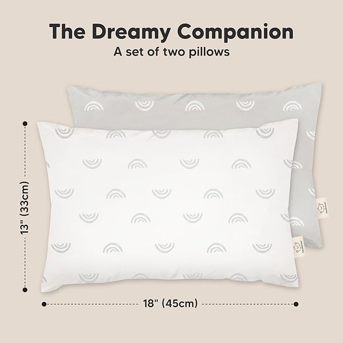 KeaBabies 2-Pack Toddler Pillows 2 Year Old to 5-13x18 Soft Organic Cotton Kids Pillow for Sleeping, Travel, School, Daycare, Nap, Toddler Bed, Machine Washable, Without Pillowcase (Gray Rainbow)