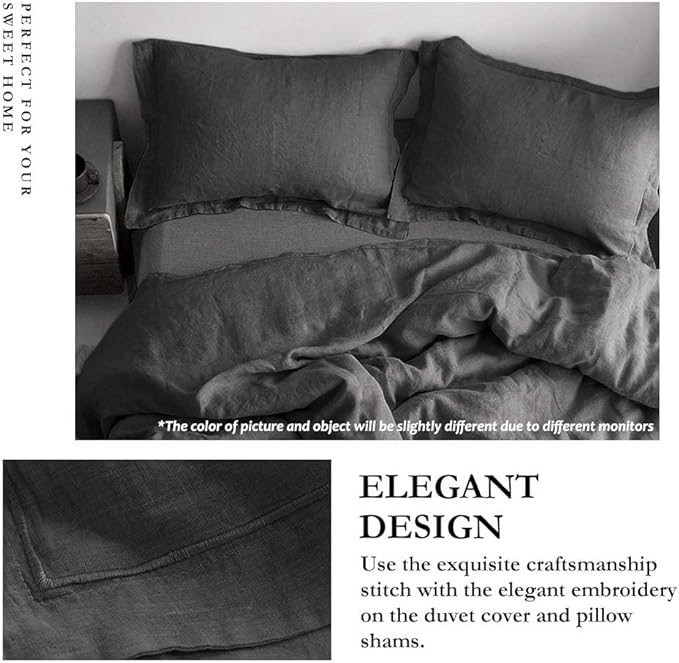 Simple&Opulence 100% Linen Duvet Cover Set with Embroidery Border Washed - 3 Pieces (1 Duvet Cover with 2 Pillow Shams) with Button Closure Soft Breathable Farmhouse - Dark Grey, Full Size