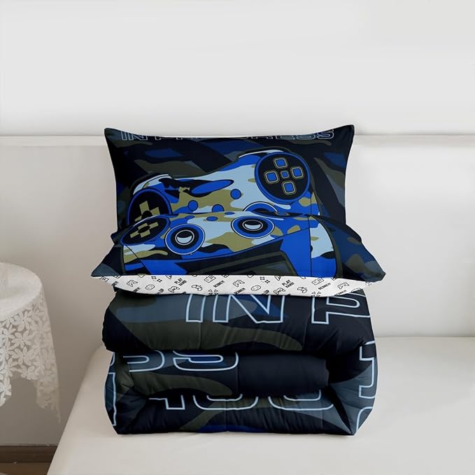 Boys Gaming Comforter Set Full Size Teens Gamer Bedding Set Retro Blue Camouflage Video Game Controller Comforter for Kids Youth Bedroom Decor Gamer Console Action Buttons Duvet Set Microfiber