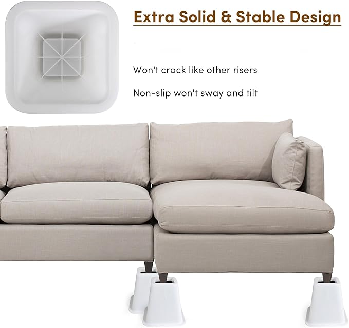 DEDU Bed Risers 6 Inch Heavy Duty 6 Pack, Furniture Risers for Sofas Oversized, Couch Risers with Non-Slip Pad Supports Up to 2200 Lbs for Bed, Desk, Chair (White)