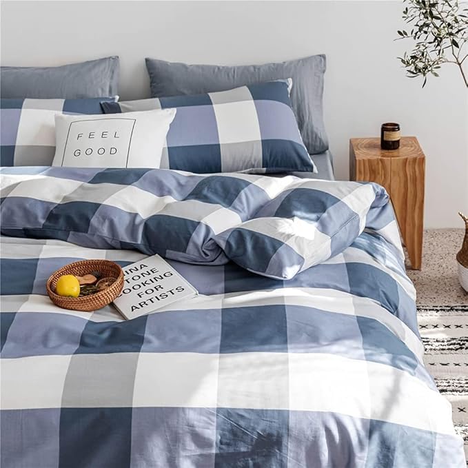 Queen Comforter Set Modern Style Checkered Pattern Comforter Boho Farmhouse Blue White Grey Geometric Plaid Comforter with 2 Pillowcases Soft Fluffy 3 Pieces Lightweight Bedding Set for All Season