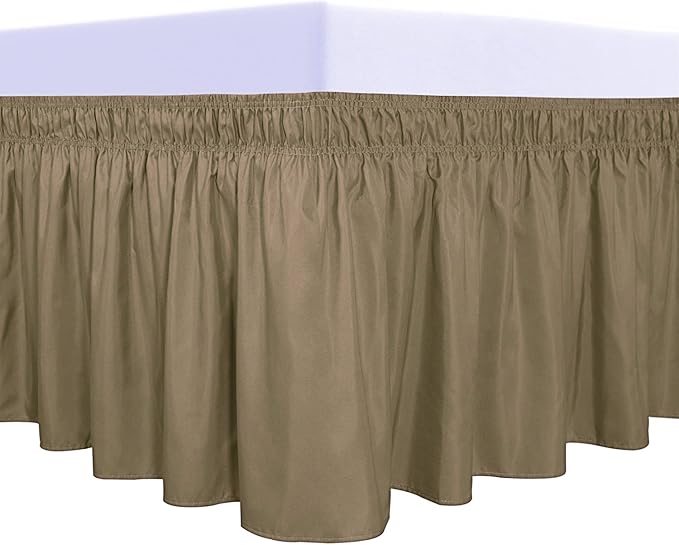PureFit Wrap Around Ruffled Bed Skirt with Adjustable Elastic Belt - 14 Inch Drop Easy to Put On, Wrinkle Free Bedskirt Dust Ruffles, Bed Frame Cover for Queen, King and C-King Size Beds, Camel