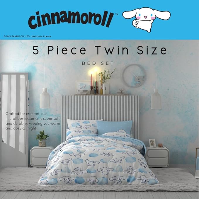 Cinnamoroll Bedding 5 Piece Super Soft Cozy Reversible Comforter and Sheet Set with Sham, Twin, (100% Official Licensed Product) by Franco