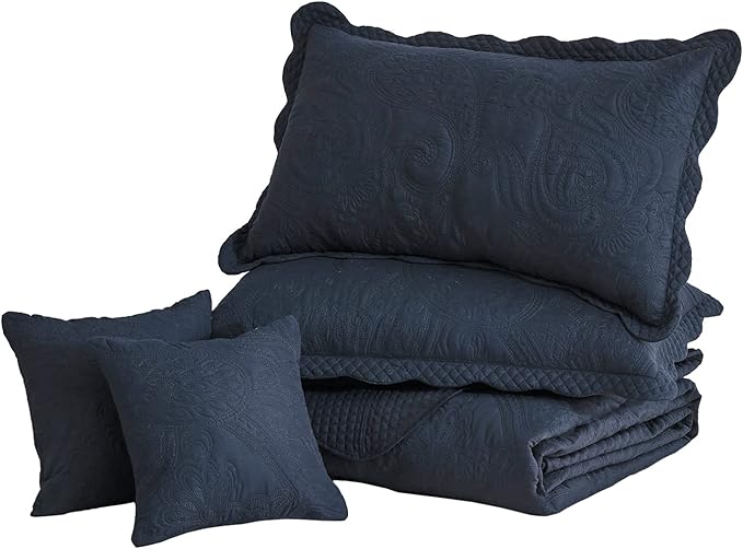 Oversized King Bedspread 128x120 Extra Wide, Paisley Pattern Design, Lightweight Bedding Cover, Reversible, 5 Piece, 100% Microfiber, Navy Blue
