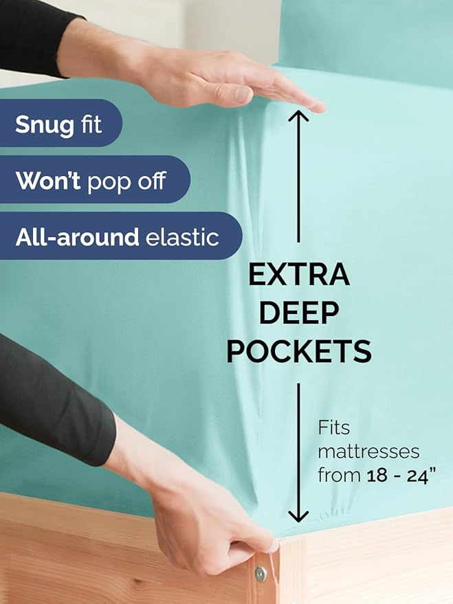 Extra Deep Queen Sheet Set - 6 Piece Breathable and Cooling Sheets - Hotel Luxury Bedding for Women, Men, Kids & Teens - Easy Secure Fit - Soft, Wrinkle Free and Comfy - Extra Deep Pockets - Spa Blue
