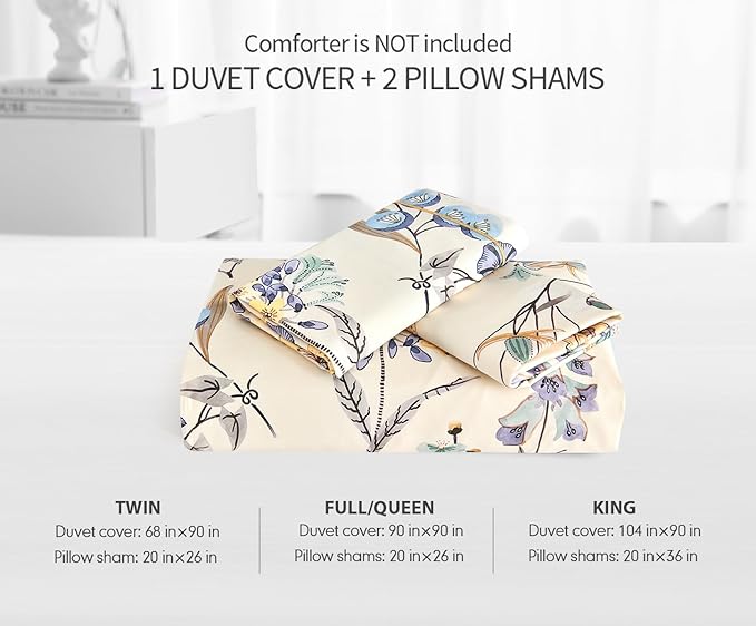 Queen Size Duvet Cover Set with Button Closure - Blue and Yellow Botanical Luxury Bedding for a Comfortable Sleeping