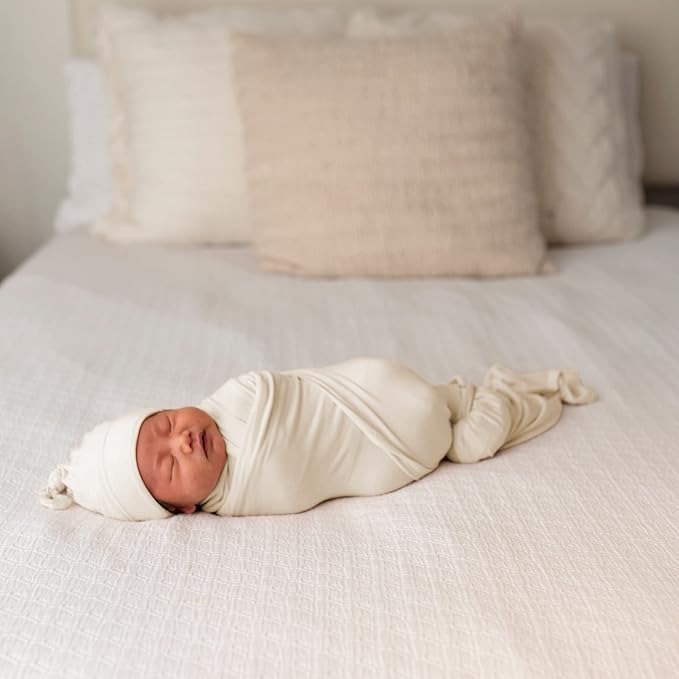 Large Jersey Knitted Swaddle Blanket for Baby, Soft Stretchy Receiving Blanket for Newborns with Hat, Baby Nursery Swaddle 47 x 47 inches(Natural)