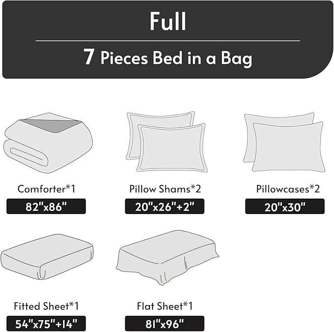 MUXHOMO 7 Pieces Full Comforter Set, Reversible Bed in a Bag Full Size, All Season Bedding Set with Comforter, Flat Sheet, Fitted Sheet, Pillowcases & Shams, Beige & White