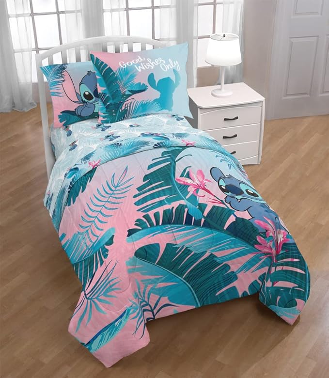 Jay Franco Disney Lilo & Stitch Floral Fun 7 Piece Full Bed Set - Includes Reversible Comforter & Sheet Set Bedding - Super Soft Fade Resistant Microfiber - (Official Disney Product)