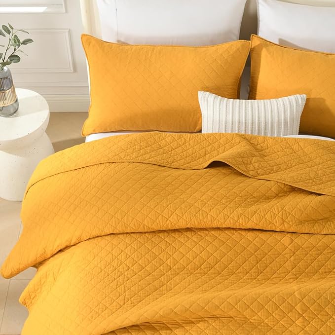 Cotton Quilt Bedding Sets Queen Size, 3 Pieces Reversible Lightweight Coverlets Comforters Bedspreads for All Seasons,Geometric Stitched Pattern,Yellow