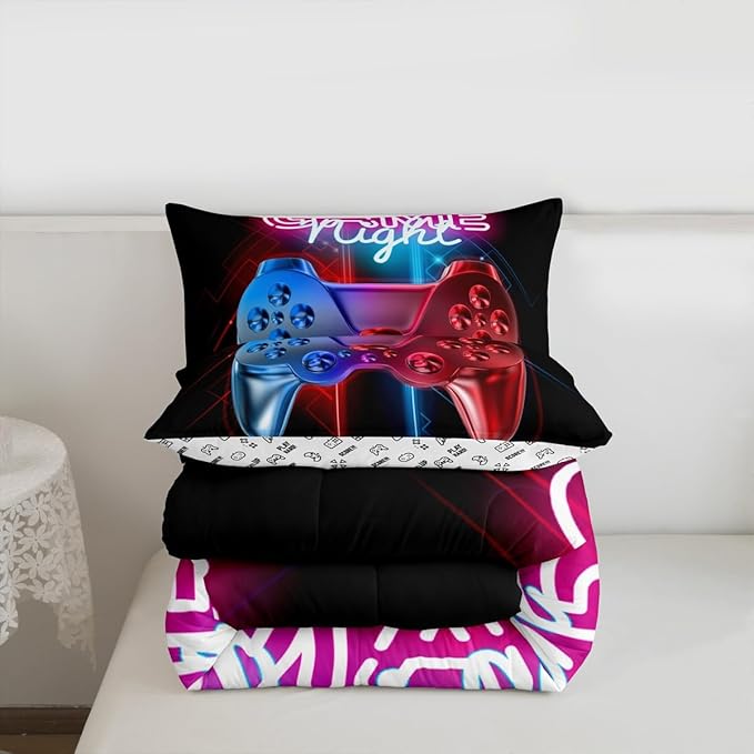 Boys Gaming Comforter Set Twin Size Teens Gamer Bedding Set Modern Blue Red Video Game Controller Comforter For Kids Children Youth Bedroom Decor Multi-Color Gamer Console Action Buttons Duvet Set