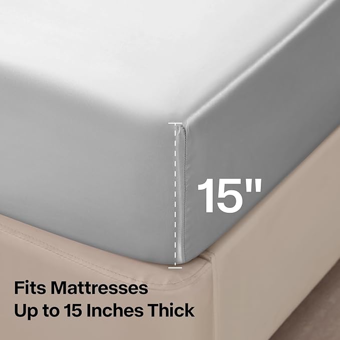 BEDELITE California King Sheets Set, Luxury Soft Grey Satin Sheets for Hair and Skin, Similar to Silk Bed Sheets Set 4 Pieces with 1 Deep Pocket Fitted Sheet, 1 Flat Sheet, and 2 Pillowcases