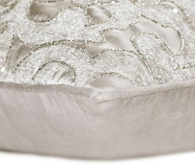 The HomeCentric King/Queen/Twin Silver Luxury Full 68"x18" Bed Runner with One Pillow Cover, Abstract, Floral, Bead Hand Embroidery Bed Scarf on Jacquard Fabric - Ethereal Silver