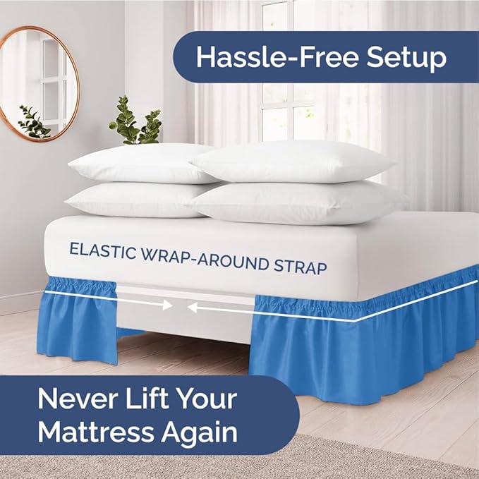 Wrap Around Dust Ruffle Bed Skirt - Royal Blue - for Full Size Beds w/ 12 Inch Drop - Easy Fit Elastic Strap - Adjustable Pleated Bedskirt w/Brushed Fabric - Wrinkle Free, Women, Men, Kids & Teens