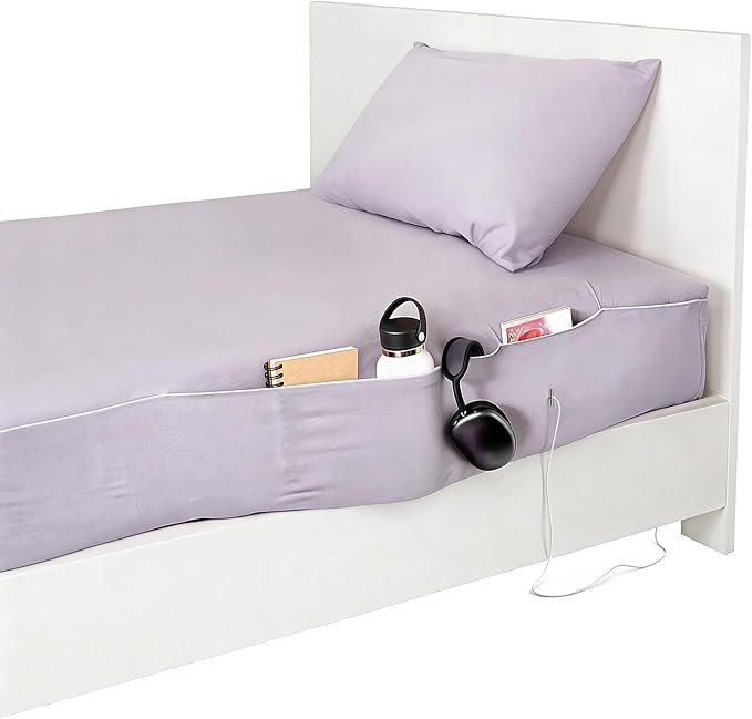 NEST and NOOKS Twin XL Fitted Sheet with Full-Length Storage Pocket | 400 Thread Count | College Dorm Bedding with Side Organizer Panel & Matching Pillowcase | Fits 39" x 80" x 13" Mattress | Lavender