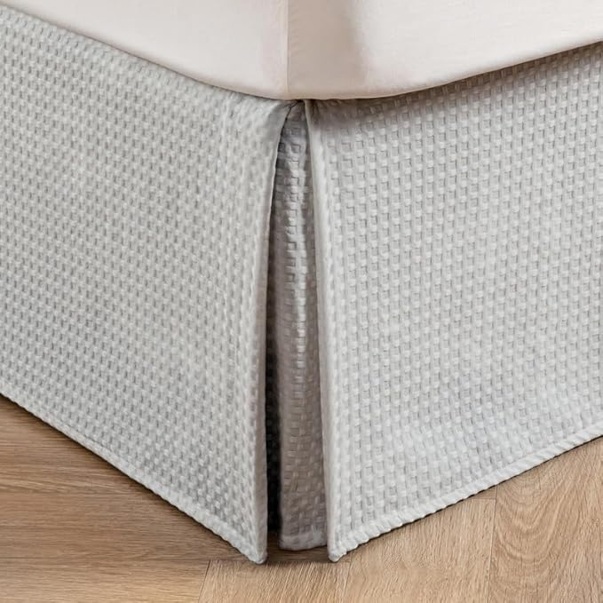 MIYE Pleated Waffle Weave Bed Skirt, Tailored Dust Ruffle 18 Inch Drop Easy Fit, Machine Washable (Light Grey, Full - 18" Drop)
