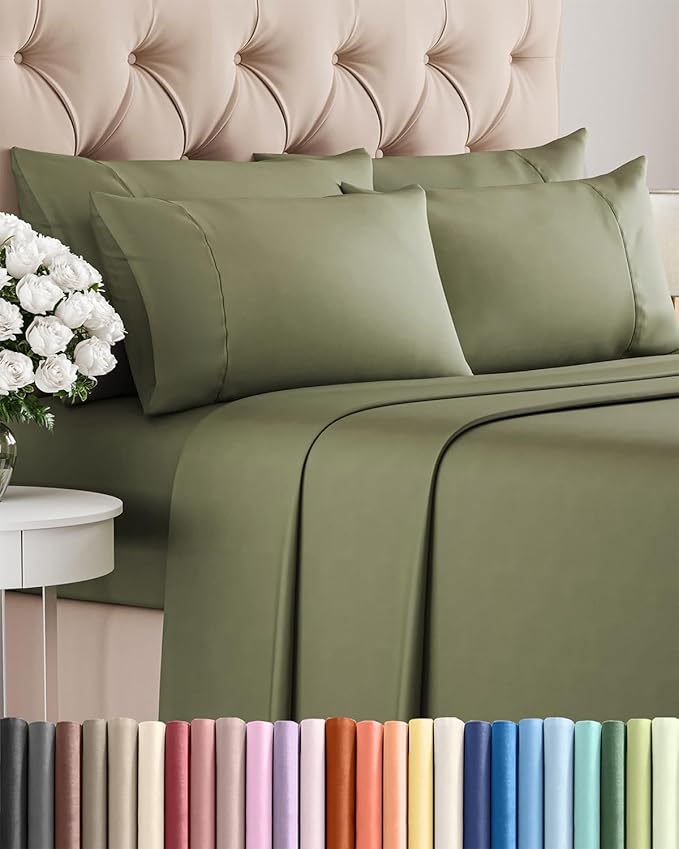 Full 6 Piece Sheet Set - Comfy Breathable & Cooling - Ultra-Soft Hotel Luxury Bedding Set with 8-16 Inch Deep Pockets - 1 Flat & 1 Fitted Sheet & 4 Pillowcases - Wrinkle Free & Easy Care - Sage Green