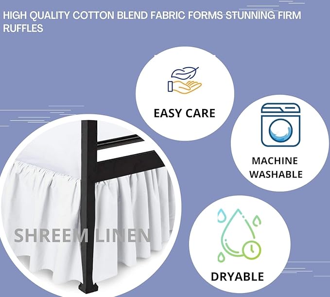 Shreem Linen Ruffled Bed Skirt with Split Corners, Gathered Style, 100% Microfiber, 10-Inch Drop, Dust Ruffle Bedskirt with Platform, Queen-XL, White
