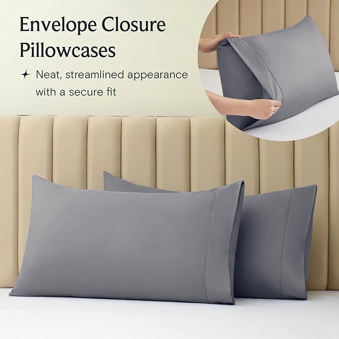 LuxClub 4 PC King Size Sheet Set Deep Pockets 18" Wrinkle Free Cooling Bed Sheets Machine Washable Hotel Bedding Silky Soft - Light Grey King