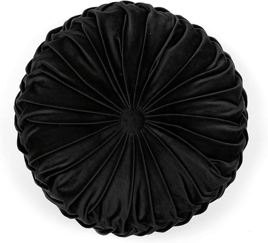 Lush Decor Round Pleated Soft Velvet Decorative Throw Pillow, 1 Count, 15" Diameter, Black - Plush Round Pillow, Seat Cushion, Decorative Pillows For Bed, Couch, Or Chair