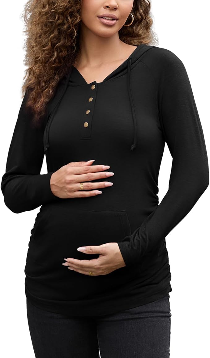 Bhome Maternity Hoodies Button Front Drawstring Hooded Shirt Long Sleeve Pullover Lightweight Sweatshirt with Kangaroo Pocket