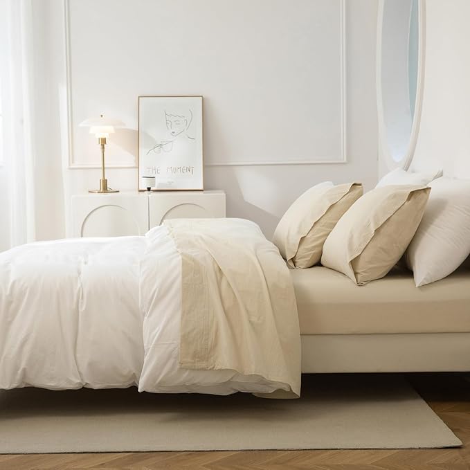 JIYUAN 100% Washed Cotton Sheet Set 4 Pieces Cal King,1 Fitted Sheet,1 Flat Sheet and 2 Pillowcases,Comfy and Breathable Linen Like Bedding Set,Heathered Beige